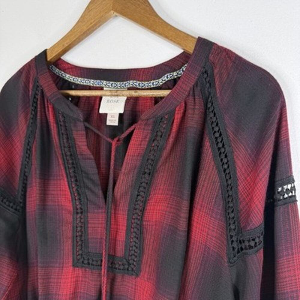 Boho Red Black Plaid Top XL Cottage Crochet Tassel Tunic Knox Rose Blouse